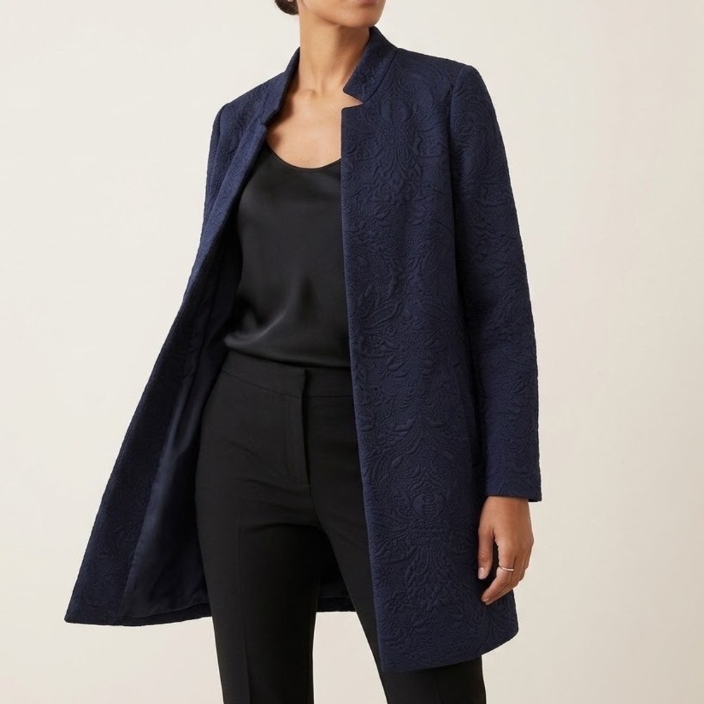 Chicos Navy Blue Damask Floral Matelasse Open Front Topper Coat Jacket Size 8